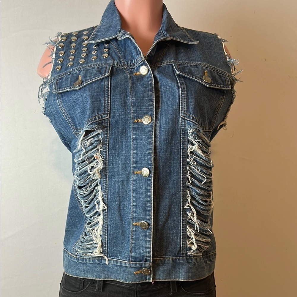 Stubborn Jeans Women’ Ripped Top Shirt Jacket Sleeveless Patch Work - Picture 7 of 12